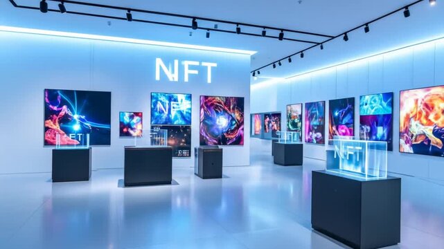 Futuristic art gallery showcasing digital installations and interactive displays. 4k video