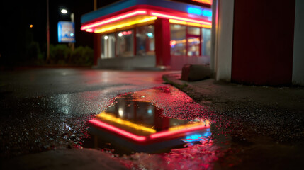 Vibrant scene captures diner illuminated by neon lights reflecting in puddle on wet pavement, creating striking texture