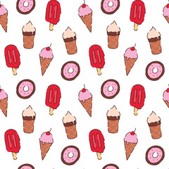 Seamless bright vector pattern of ice cream and donuts on a white background.