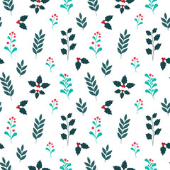 Seamless pattern with twigs with red berries and green leaves, winter, Christmas style.