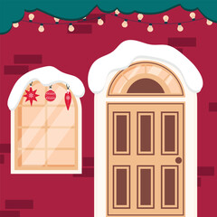 Vector illustration of a Christmas scene with a red brick wall on which a window and a door are located. There is snow above the window and the door, and three red 