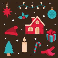 Vector Christmas winter themed illustration on dark brown background. Scarf, Hat, Garland with light bulbs, Red star, Christmas ball, House, Holly Twig, Candle, Christmas tree, Gift.
