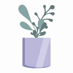 Vector illustration of a green houseplant, flower, in a purple pot on a white background.