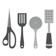 Vector illustration of a set of kitchen utensils, scissors, ladle, kitchen spatula in a flat style.