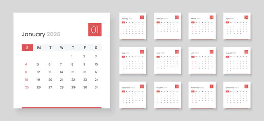 Modern calendar for 2026 year. Week starts on Sunday. 2026 calendar in minimalist style