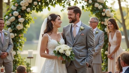 Happy couple stands at a wedding ceremony.