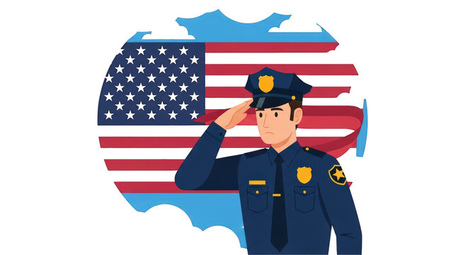 Illustration showing a scene of american police officer saluting with flag, featuring Help, Officer, Support, Authority. - Powered by Adobe