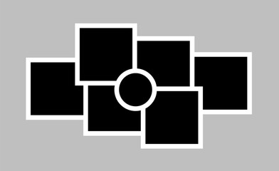Abstract photo frame collage vector with 6 black rectangles and a central circle outlined in white on gray background, offering a modern geometric layout for stylish image presentation.