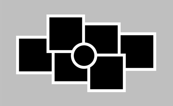 Abstract photo frame collage vector with 6 black rectangles and a central circle outlined in white on gray background, offering a modern geometric layout for stylish image presentation.