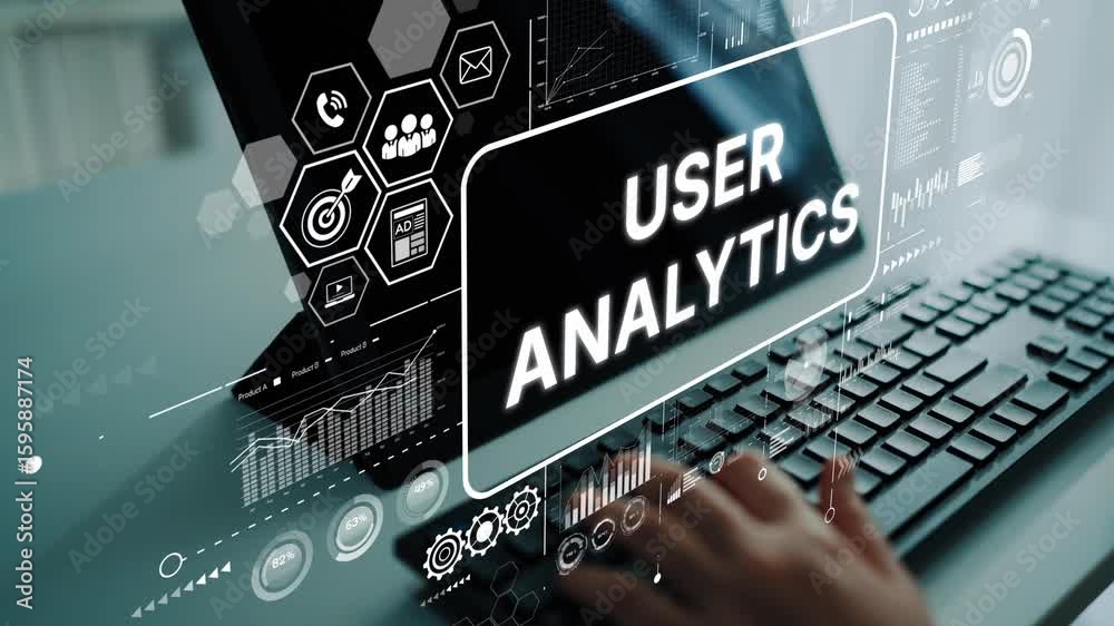 Aufkleber detailed user analytics concept with data visualization on screen and hands typing on keyboard. asym