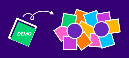 Abstract photo frame collage design with tilted DEMO square and arrow pointing to colorful blocks on a purple background, symbolizing transition, creativity, and conceptual layout progression.