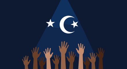 A powerful image showing multiple hands raised, symbolizing unity and support for a common cause, with two crescents and stars representing unity and solidarity.
