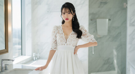 レースのホワイトドレスを着た日本人女性