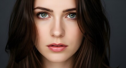 Close-up portrait of a young woman with striking green eyes and flowing brown hair, showcasing natural beauty and a soft, inviting expression with subtle makeup on her lips and skin.