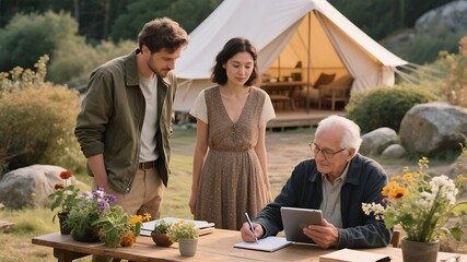 Family discussing plans outdoors near a glamping tent with tablet and notebook