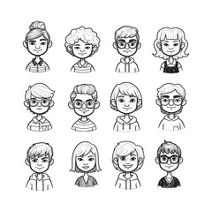 Twelve simple black and white cartoon portraits of diverse people.