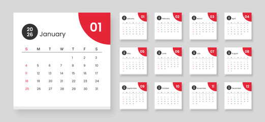 2026 modern classic calendar template. Week starts on Sunday. 2026 calendar in minimalist style