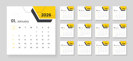 Calendar 2026 week start Sunday corporate design template vector. 2026 calendar in minimalist style. Monthly calendar template for 2026
