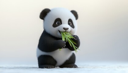A charming panda cub stands upright, munching on lush green bamboo shoots, its adorable black and white fur and endearing expression capturing the essence of wildlife cuteness.