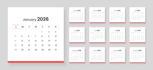 2026 monthly calendar template. Week starts on Sunday.