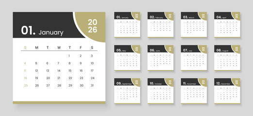 2026 monthly calendar template. Week starts on Sunday. Desk or wall calendar in minimal style.