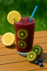 A glass of a blueberry lemonade slushy