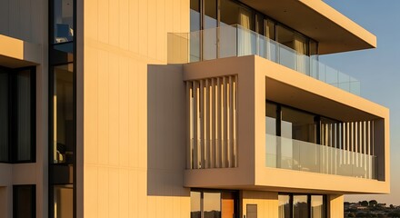 Fototapeta premium Modern Architecture: Clean Lines and Golden Hour Light on a Luxury Villa Facade