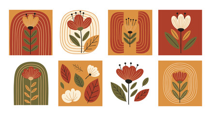 Eight stylized floral illustrations in warm earthy tones, arranged in a grid pattern.