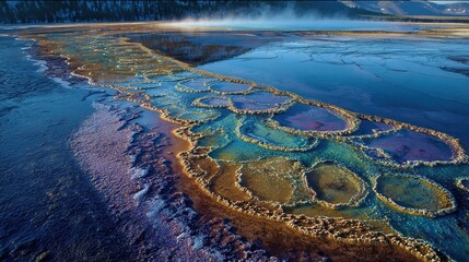 Autumn frost contrast at Grand Prismatic revealing microbial rings under ice film, delicate science art for microbiology studies or abstract nature prints.
