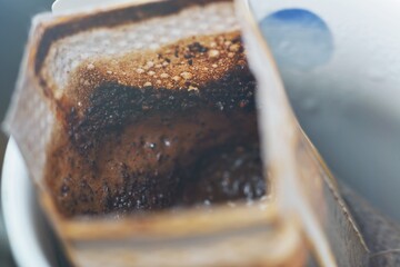 Macro view of coffee drip bag after brewing