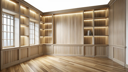 Empty wooden bookshelf interior with window on transparent background