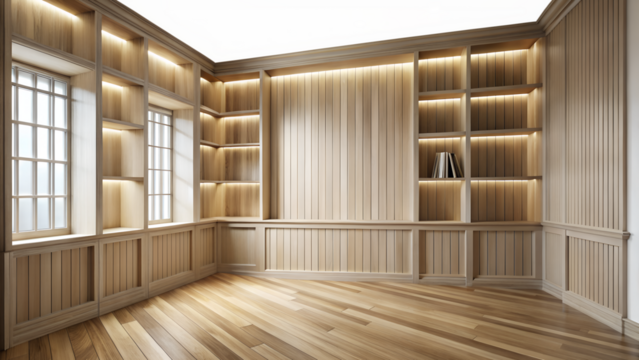Empty wooden bookshelf interior with window on transparent background