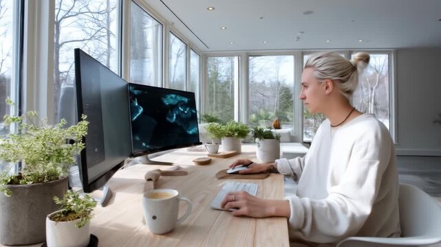 A person with blonde hair in a bun sits at a light wood desk, working on two computer monitors.  Sunlight streams through large windows behind them, illuminating plants and a minimalist workspace