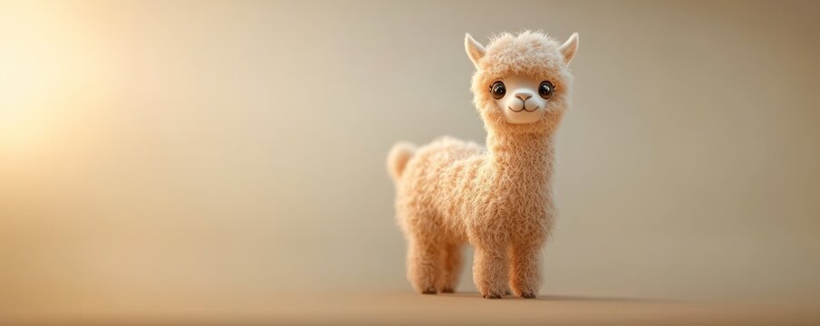 A charming fluffy alpaca with big eyes stands sweetly, its soft fur and gentle expression creating a heartwarming scene, perfect for children's illustrations or animal-themed designs.