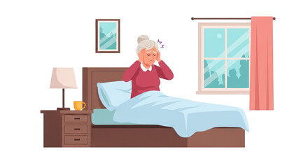 Illustration showing a scene of elderly woman suffering from headache 1, featuring Problem, Design, Bed, Indoors.