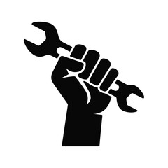 Raised fist holding wrench symbol of labor repair or protest