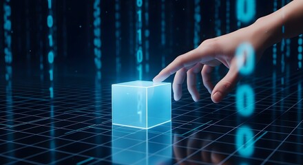 A hand reaching for a glowing blue cube on a grid-like surface with binary code in the background