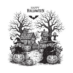 Halloween background with pumpkins and haunted house, Spooky scary background concept, woodcut engraving vector illustration