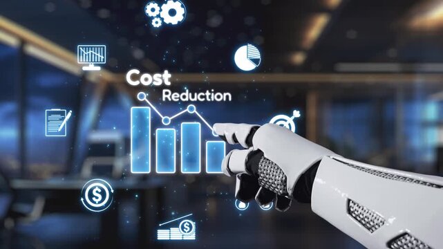 A robotic hand engages with virtual graphs showcasing cost reduction and business analytics, set in a sleek modern office environment. Ideal for tech and finance themes. Auvana