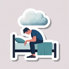 Mental Health Concept Illustration Flat Design Die Cut of Depression in Bedroom Environment