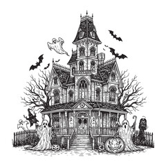 Halloween background with pumpkins and haunted house, Spooky scary background concept, woodcut engraving vector illustration