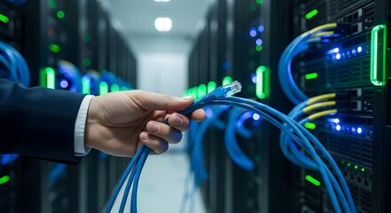 A hand holding a blue ethernet cable in a server room