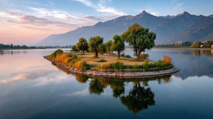 Fototapeta premium Serene lake island dawn sunrise landscape