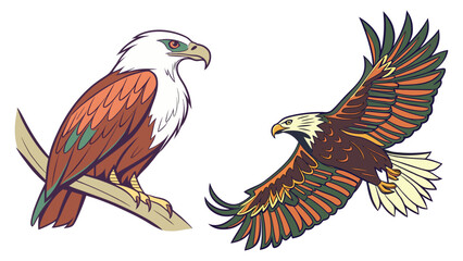 Bald Eagles Vector Illustration. Perched and Flying Eagles with Geometric Flat Design on White Background