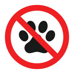 No pets allowed sign with red prohibition circle and black paw print icon, animal restriction symbol isolated on white background