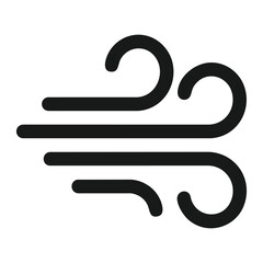 Black wind icon isolated on white background, weather and air flow symbol representing breeze, ventilation, and motion