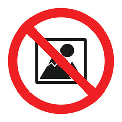 No photography icon with red prohibition circle and image symbol, restricted photo area or camera use warning isolated on white background