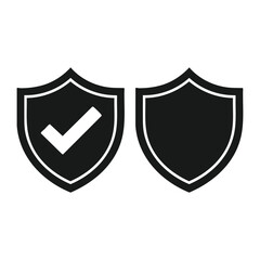 Black security shield icons with and without check mark, protection and verification symbols isolated on white background