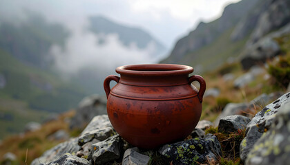 Rust Knotted Clay Pot without lid Between rocks on foggy