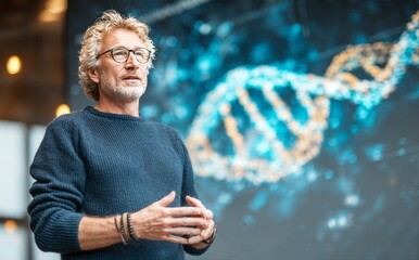 Scientist explaining dna structure with hologram projection in futuristic laboratory